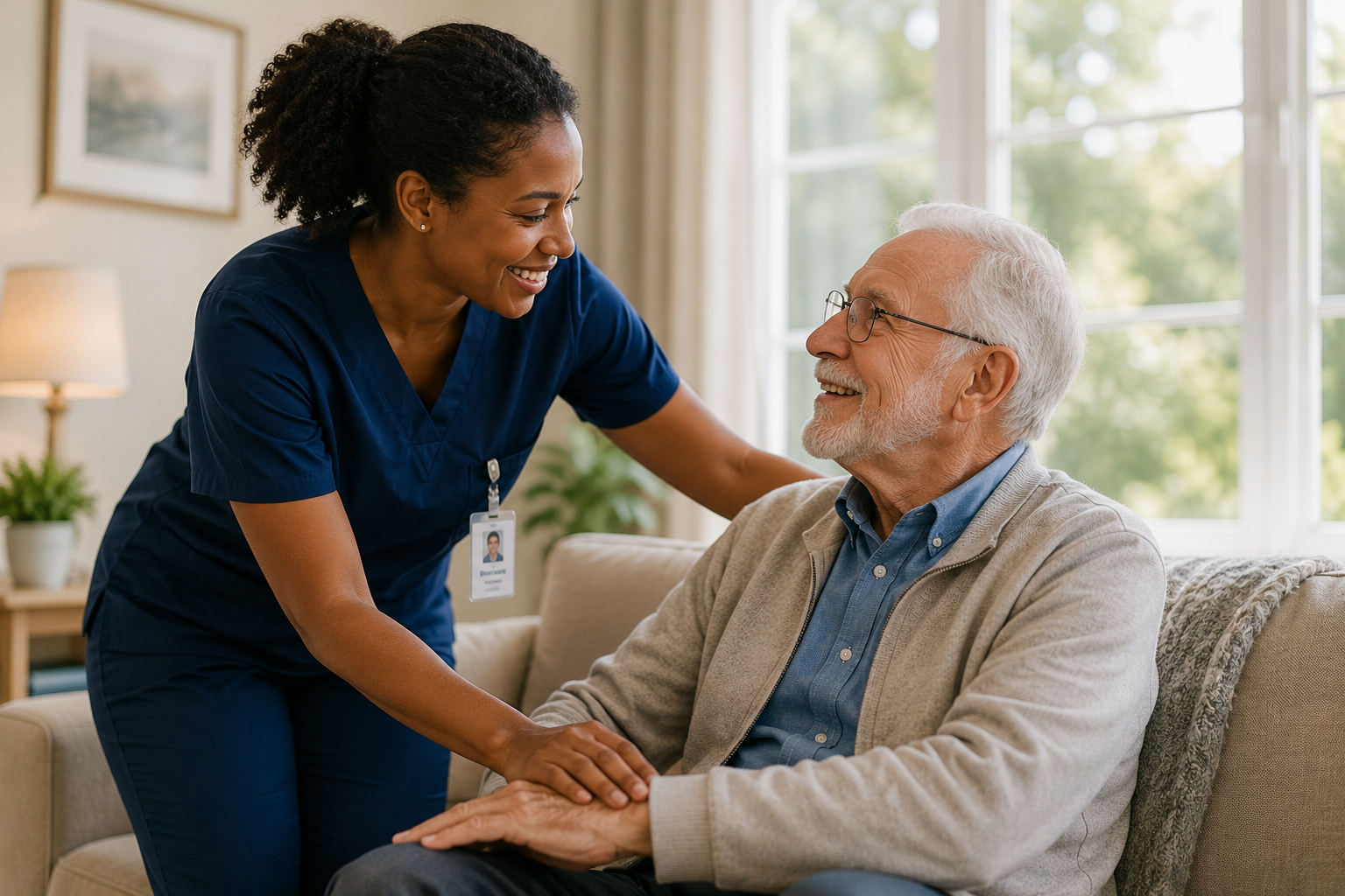 Caregiver smiling with an elderly resident in a bright living room